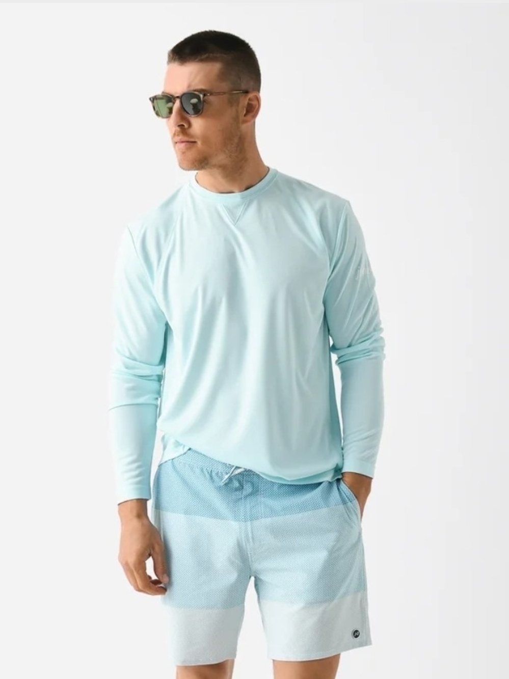 Johnnie O's Men's Light Blue Long-Sleeve Swim Shirt and Swim Shorts Set